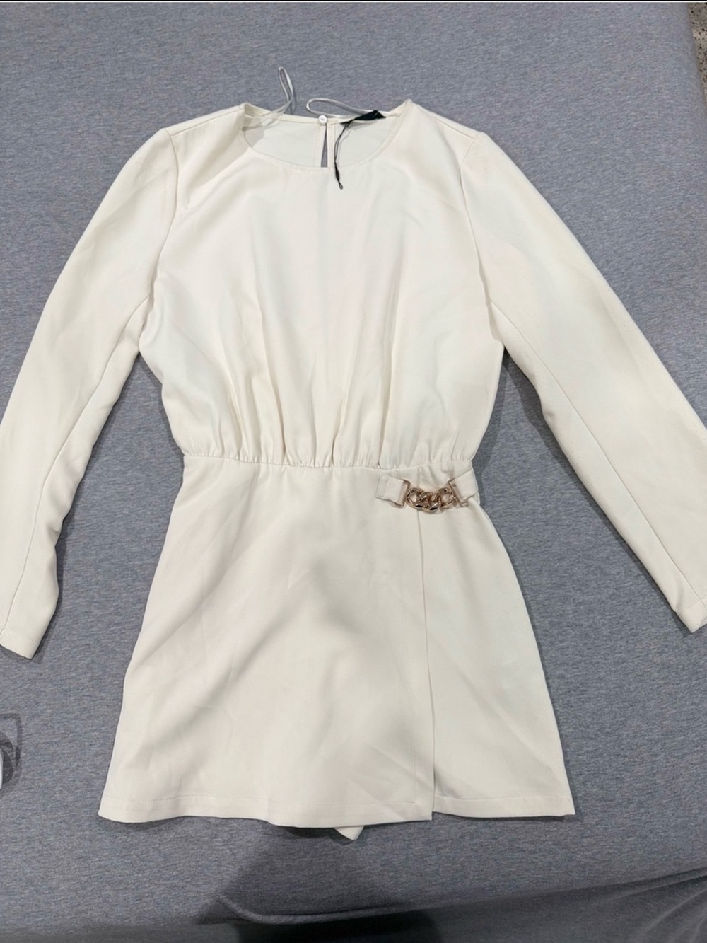 Zara Cream Long-Sleeve Mini Dress with Side Buckle